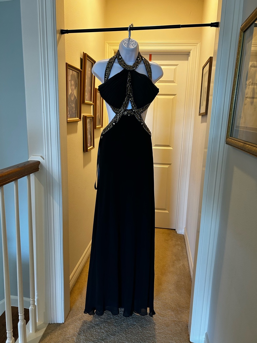 Elegant Black Beaded Halter Gown Size M